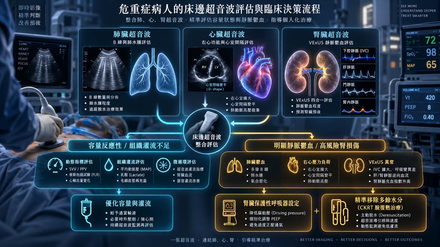 床邊超音波 POCUS 與 VExUS 評估指引流程圖